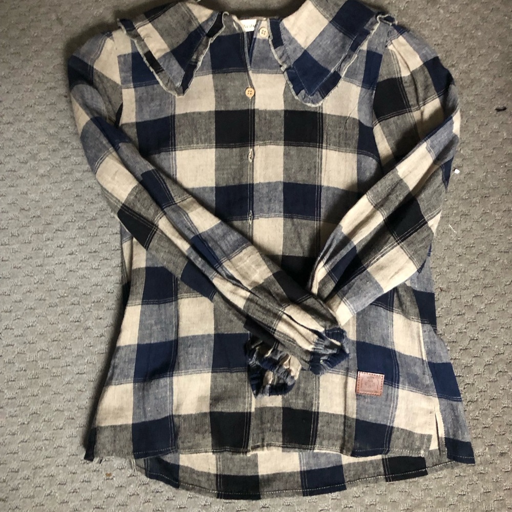 Blue and Cream Button Down Shirt with Classic Plaid Design